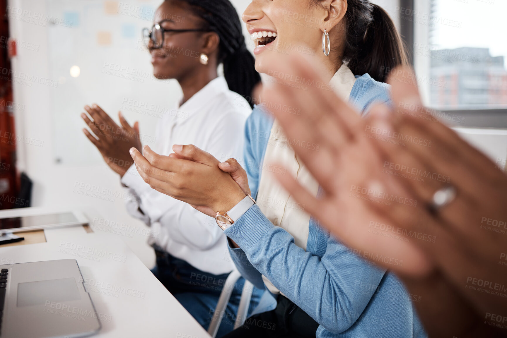 Buy stock photo Shot of a group of businesspeople clapping during a meeting in a modern office