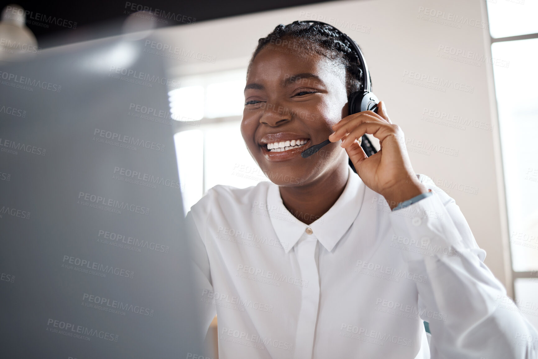 Buy stock photo Headset, happy or black woman on laptop for customer service, online help or business loan. Smile, financial consultant or confident agent in agency for insurance call center support or communication