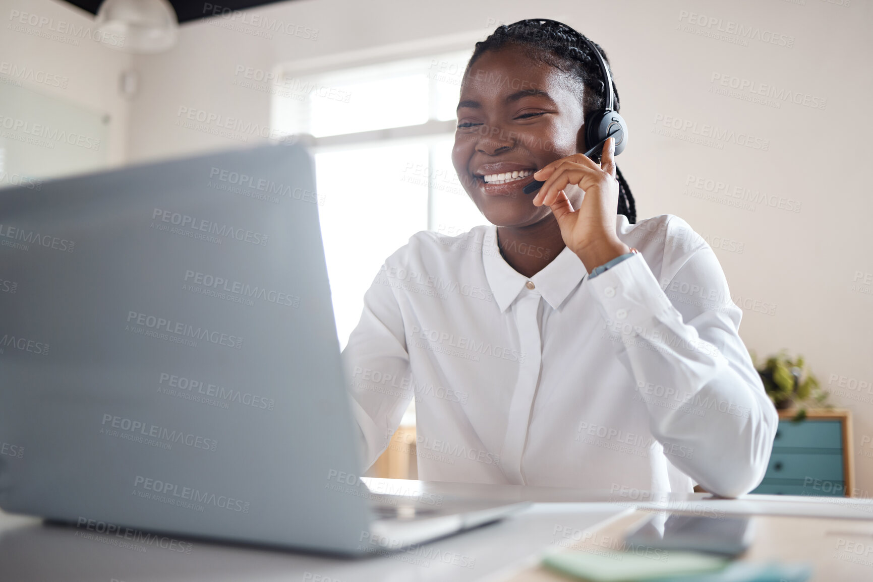 Buy stock photo Headset, secretary and black woman on laptop for call center with sales or contact support in business. Talking, smile or happy receptionist with advice, conversation or lead generation in startup