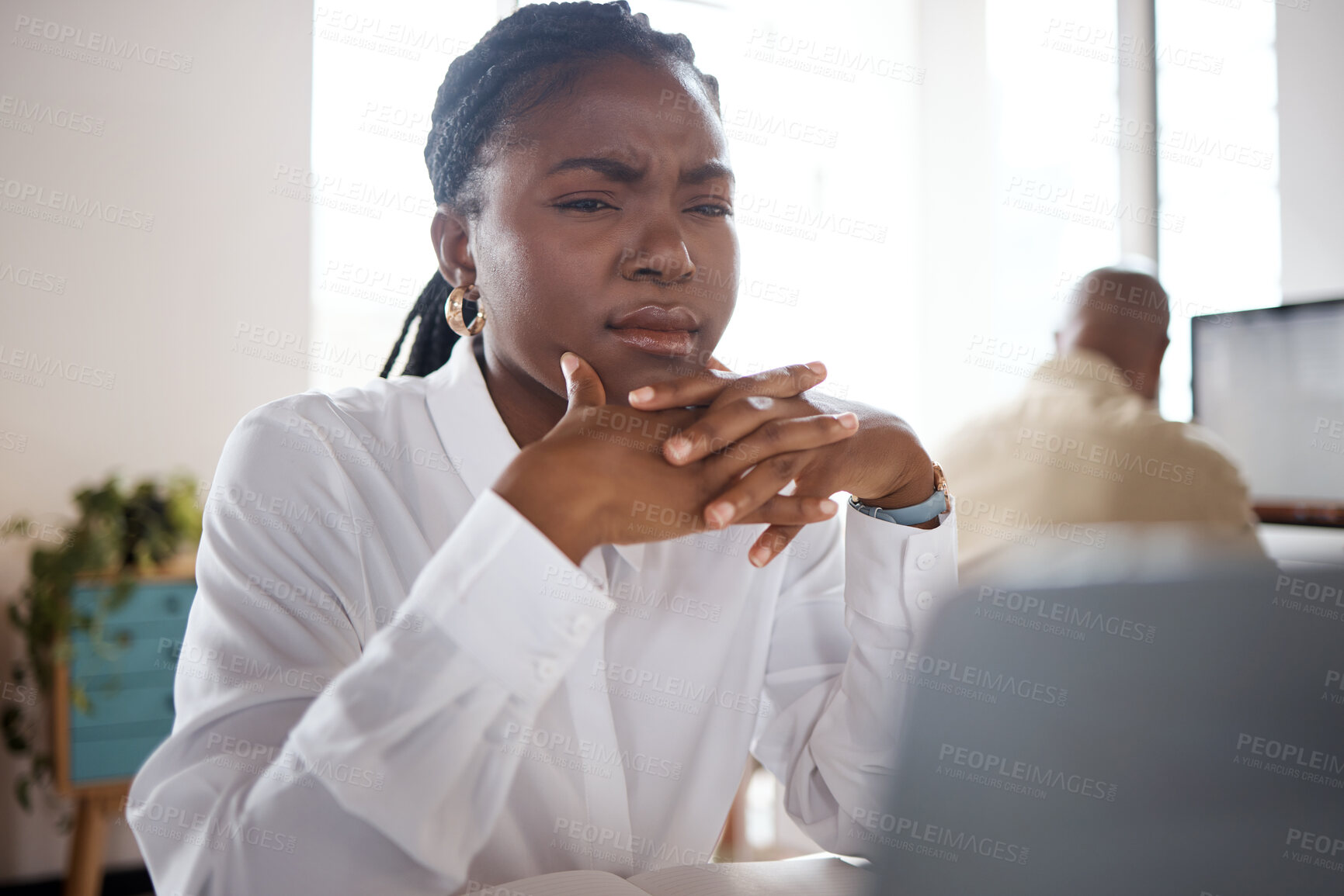 Buy stock photo African businesswoman, confused or reading on laptop for news, investment and budget for project. Coworking, online error or financial advisor with doubt or technology for taxes or accounting report