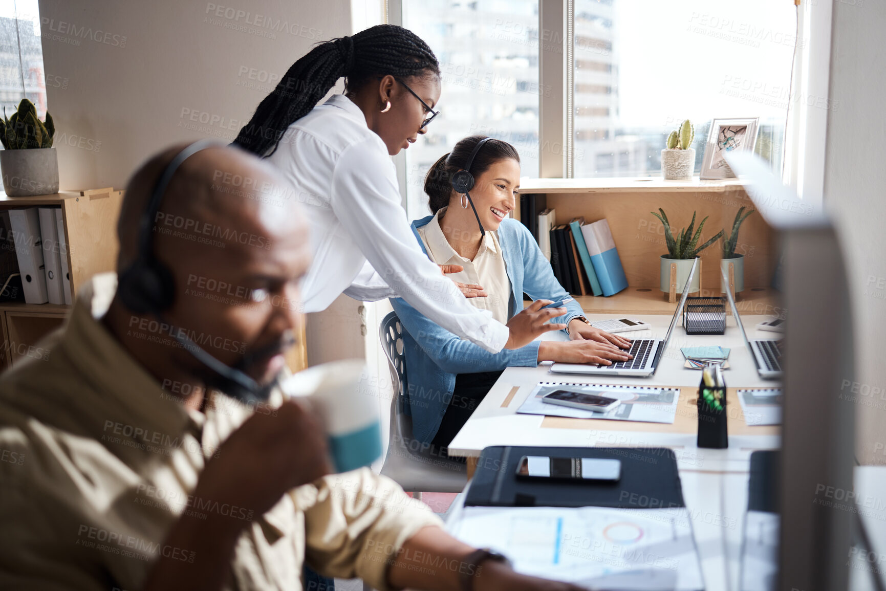 Buy stock photo Call center help, laptop and women in training with leader for learning telemarketing or customer service. Teaching, coaching and people on pc for consulting advice, support or question in business 