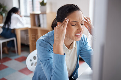 Buy stock photo Migraine, stress or tired businesswoman on computer for project deadline or online report. Administration crisis, frustrated or exhausted database administrator with fatigue, headache pain or burnout