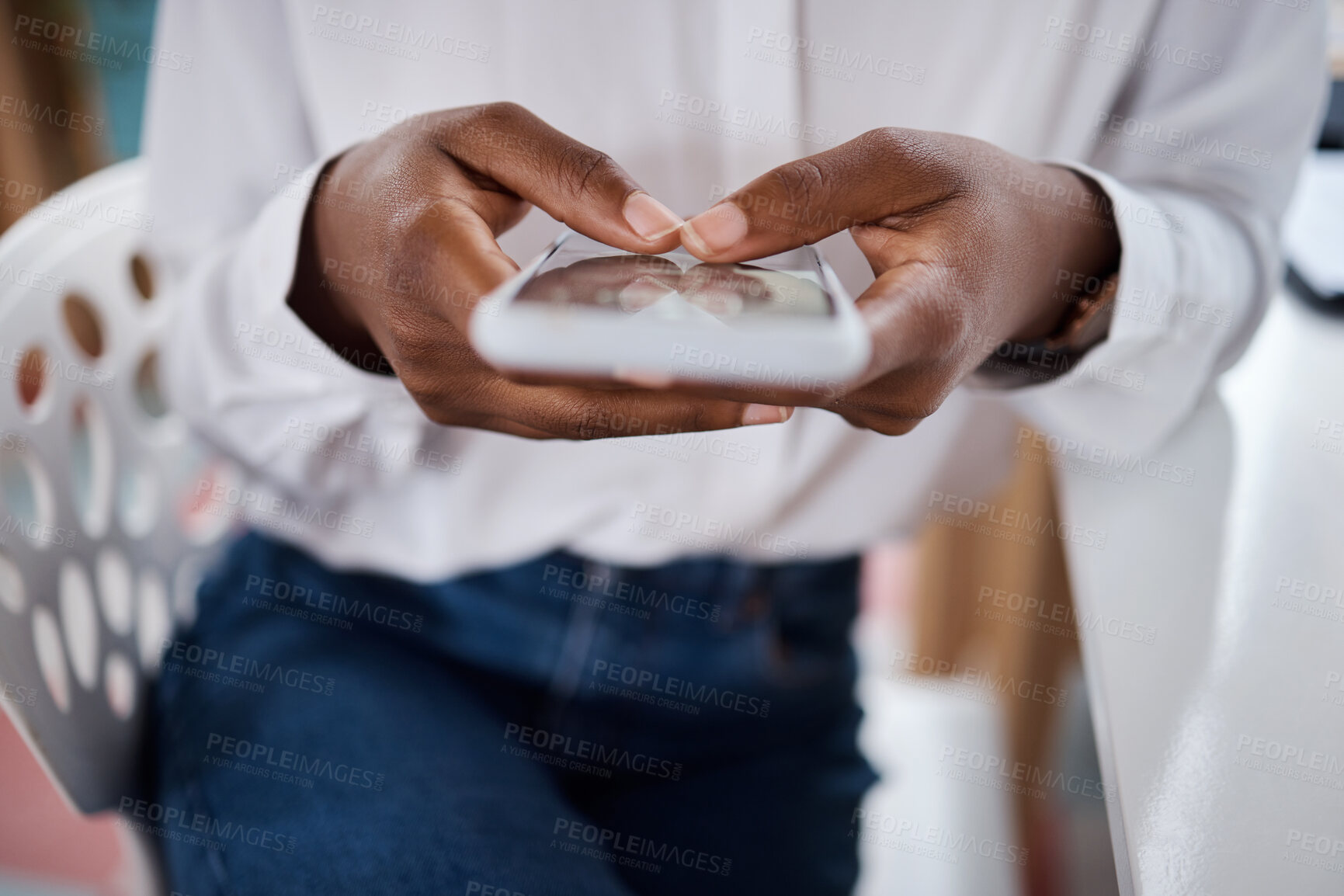 Buy stock photo Office, person and hands with mobile for text, online communication and connection with contact. Closeup, employee and consultant with phone for social media, multimedia or chat application to client