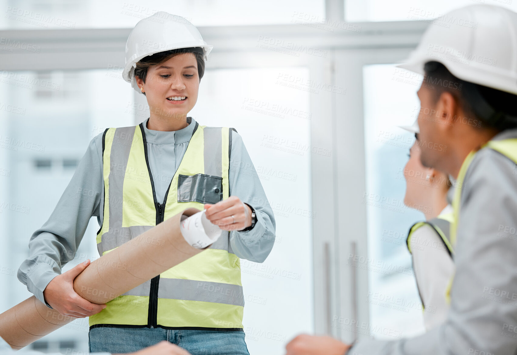 Buy stock photo Civil engineer, team and meeting with blueprint for architecture, building or planning construction at office. Group of employees or contractors with paper, tube or scroll for industrial development