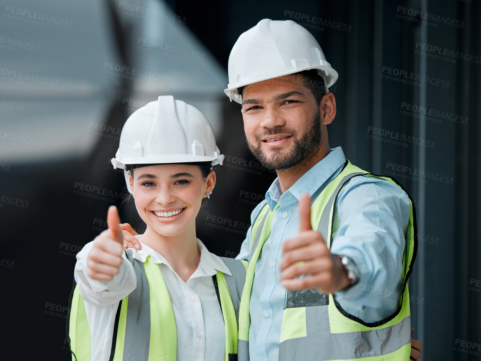 Buy stock photo Construction, team and thumbs up on site for portrait, approval or good job in city. Man engineer, woman or happy for collaboration with success, go ahead and project management for urban development