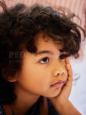 Buy stock photo Thinking, bored and child relax at house in bedroom with ideas, brainstorming and calm by planning for fun games. Contemplating, boy and hands on face for hope, growth and childhood development