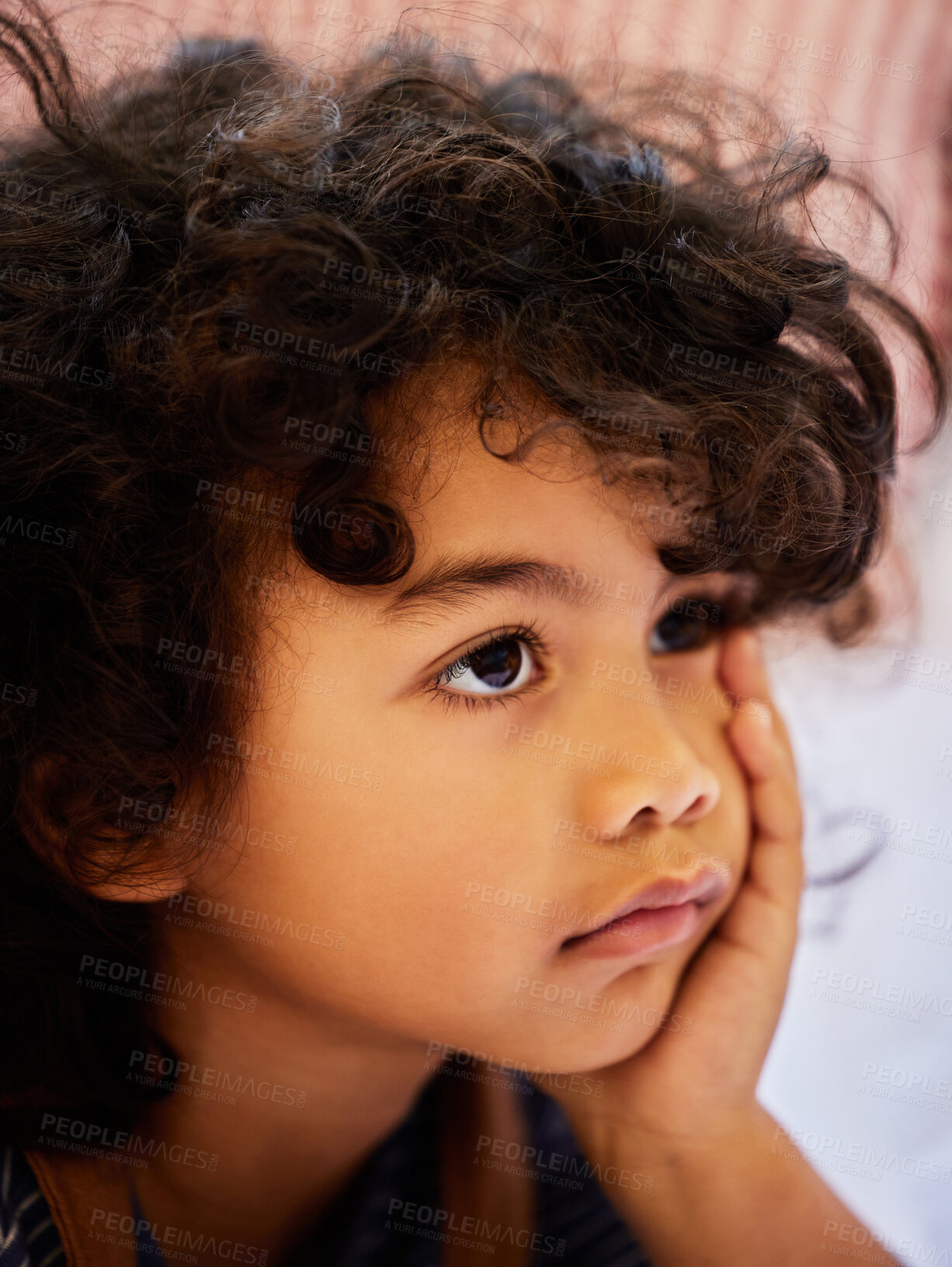 Buy stock photo Thinking, bored and child relax at house in bedroom with ideas, brainstorming and calm by planning for fun games. Contemplating, boy and hands on face for hope, growth and childhood development