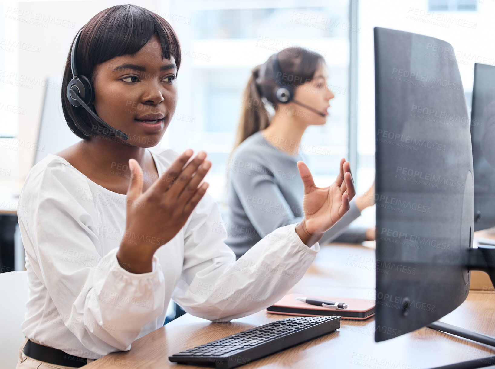 Buy stock photo Customer service, explaining and black woman with headset, talking and call center in office and hand. CRM, telemarketing or person with tech support, speaking and agent on desk in agency and working