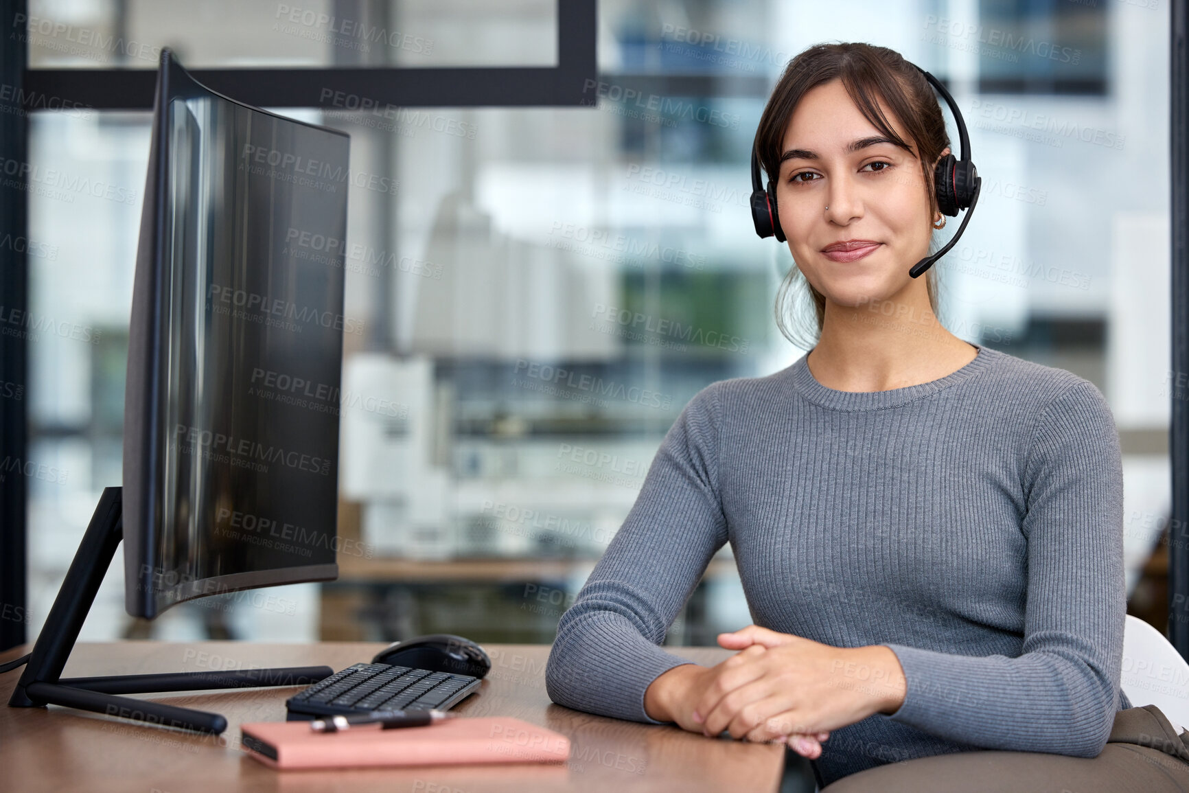 Buy stock photo Call center, portrait and woman with headset, desk and customer service in office. CRM, telemarketing and people with tech support, keyboard and agent with monitor in agency and computer in mockup