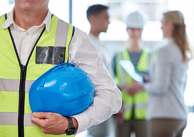 Buy stock photo Helmet, engineering and man or construction worker in office meeting, planning and project management for building. Architecture, hands zoom and safety gear of contractor people, builder and industry