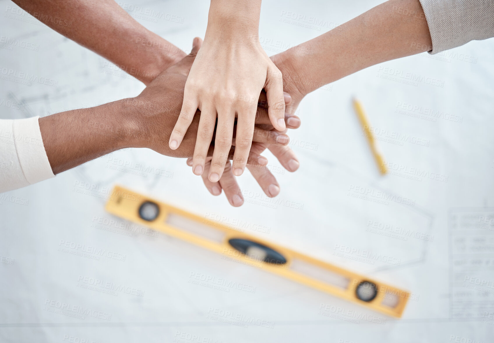 Buy stock photo Hands stacked, engineering and people teamwork, collaboration or support above for blueprint construction. Floor plan, together sign and architecture of woman and partner on paper sketch and planning