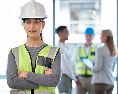 Buy stock photo Architecture, woman portrait and arms crossed for planning, team leadership or project management. Engineering, construction and face of young person, contractor or manager in helmet and job mindset
