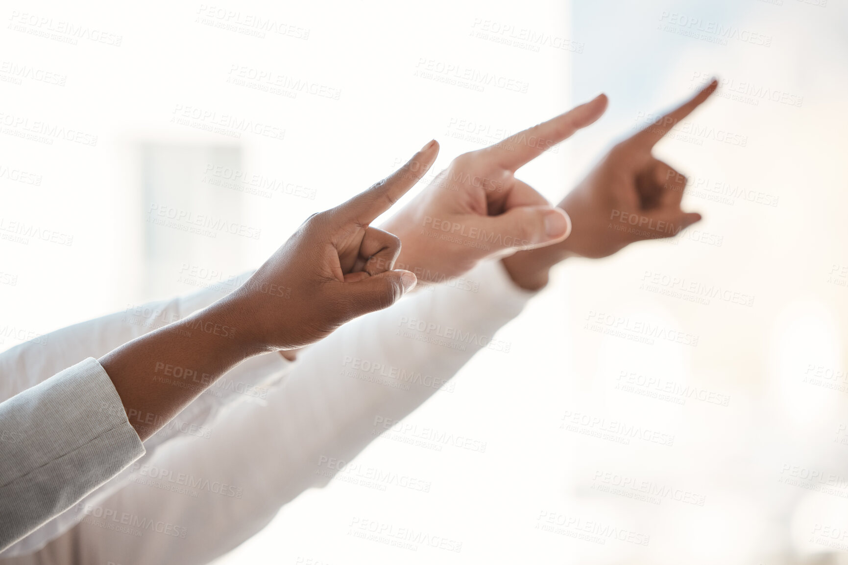 Buy stock photo Hands, group and point at business for choice, direction and people for promotion, opportunity or recruitment. Team, gesture and sign for offer, guide and decision with vote with staff in workplace