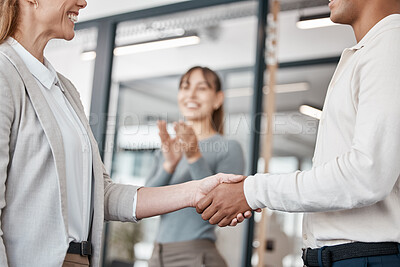 Buy stock photo Business woman, meeting and thank you with handshake in agreement, deal or partnership at office. Female person, colleague or employee shaking hands in teamwork for b2b, hiring or recruiting together