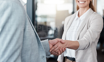 Buy stock photo Business woman, recruiting and meeting with handshake for agreement, deal or partnership at office. Female person, colleague or employees shaking hands in teamwork for b2b, hiring or job at workplace