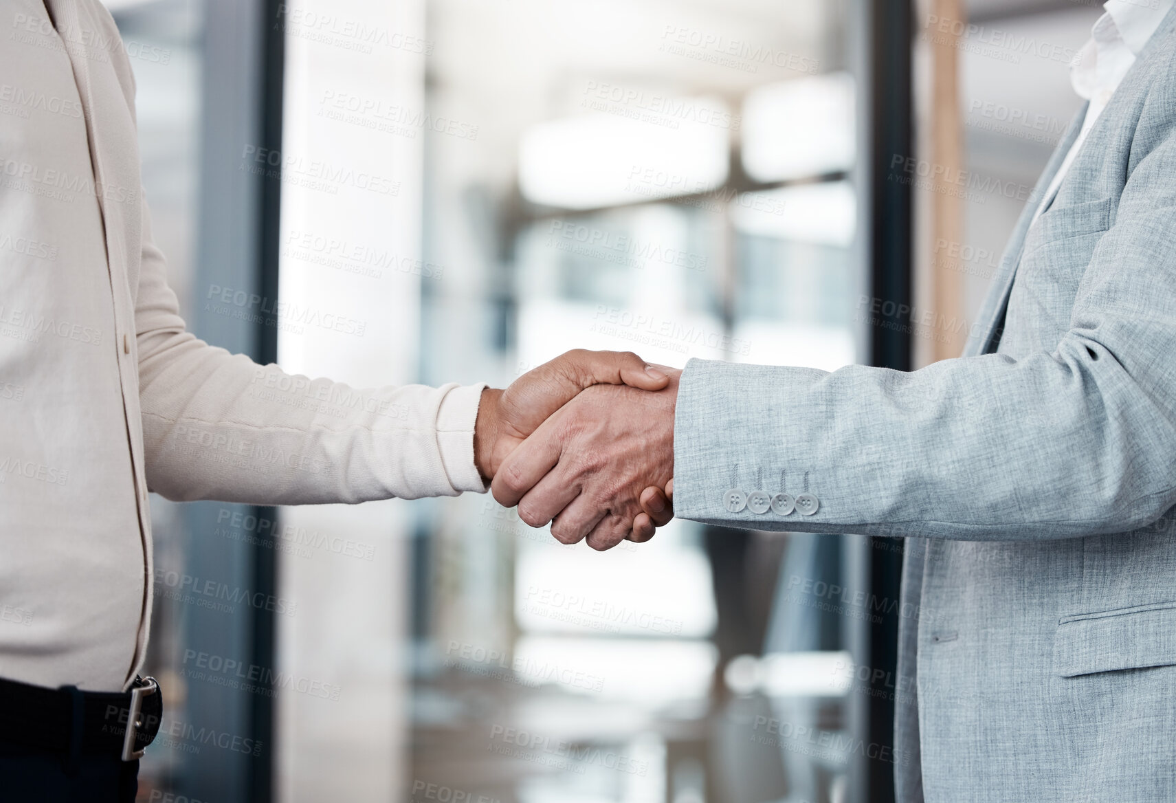 Buy stock photo Business person, recruiting and welcome with handshake or meeting, greeting or agreement at office. Closeup of people shaking hands in teamwork on b2b, deal or partnership together at workplace