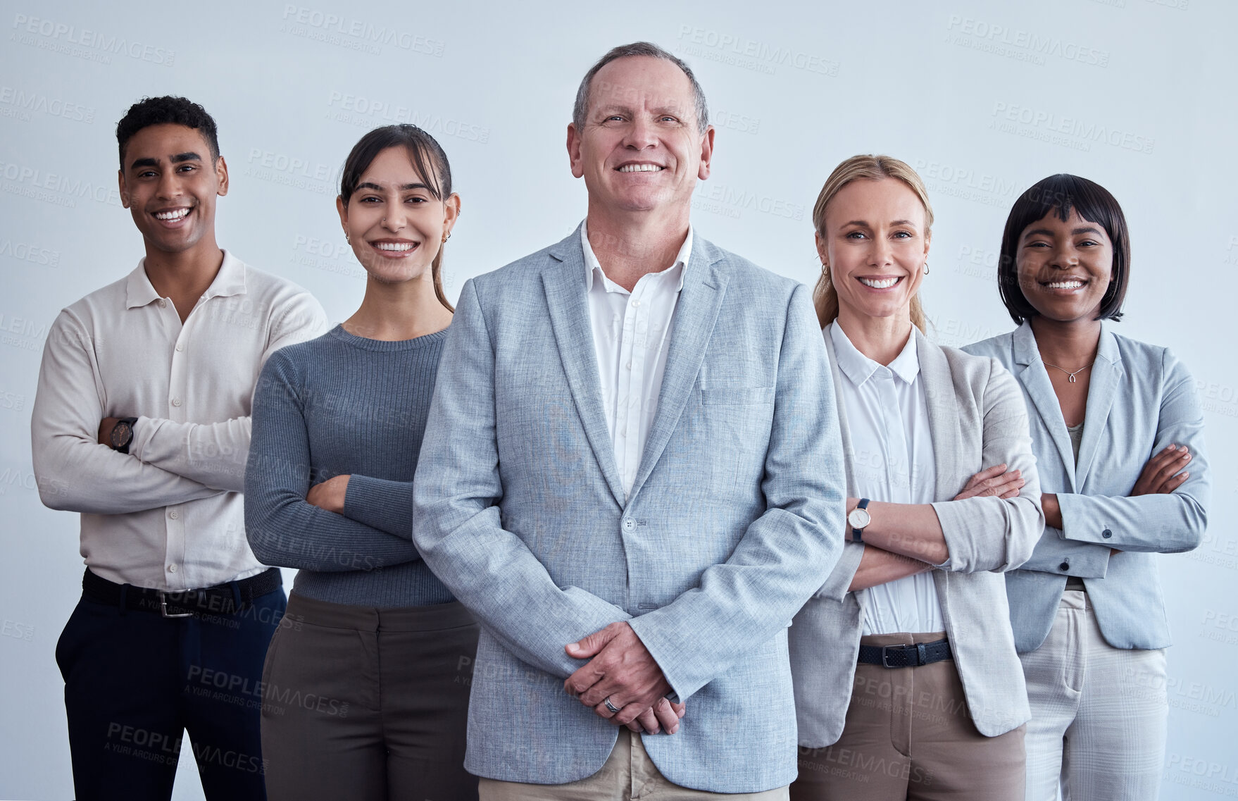 Buy stock photo Corporate, teamwork and portrait of happy business people for about us, collaboration and leadership. Wall background, diversity and men and women smile for professional career, company and pride