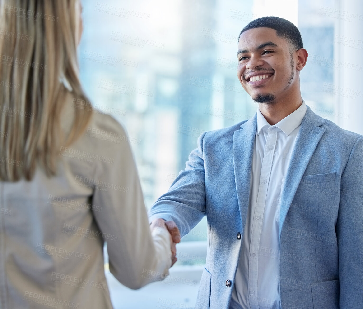 Buy stock photo Handshake, meeting and business people in office for partnership, collaboration and onboarding. Corporate, teamwork and man and woman shaking hands for agreement, recruitment and interview success