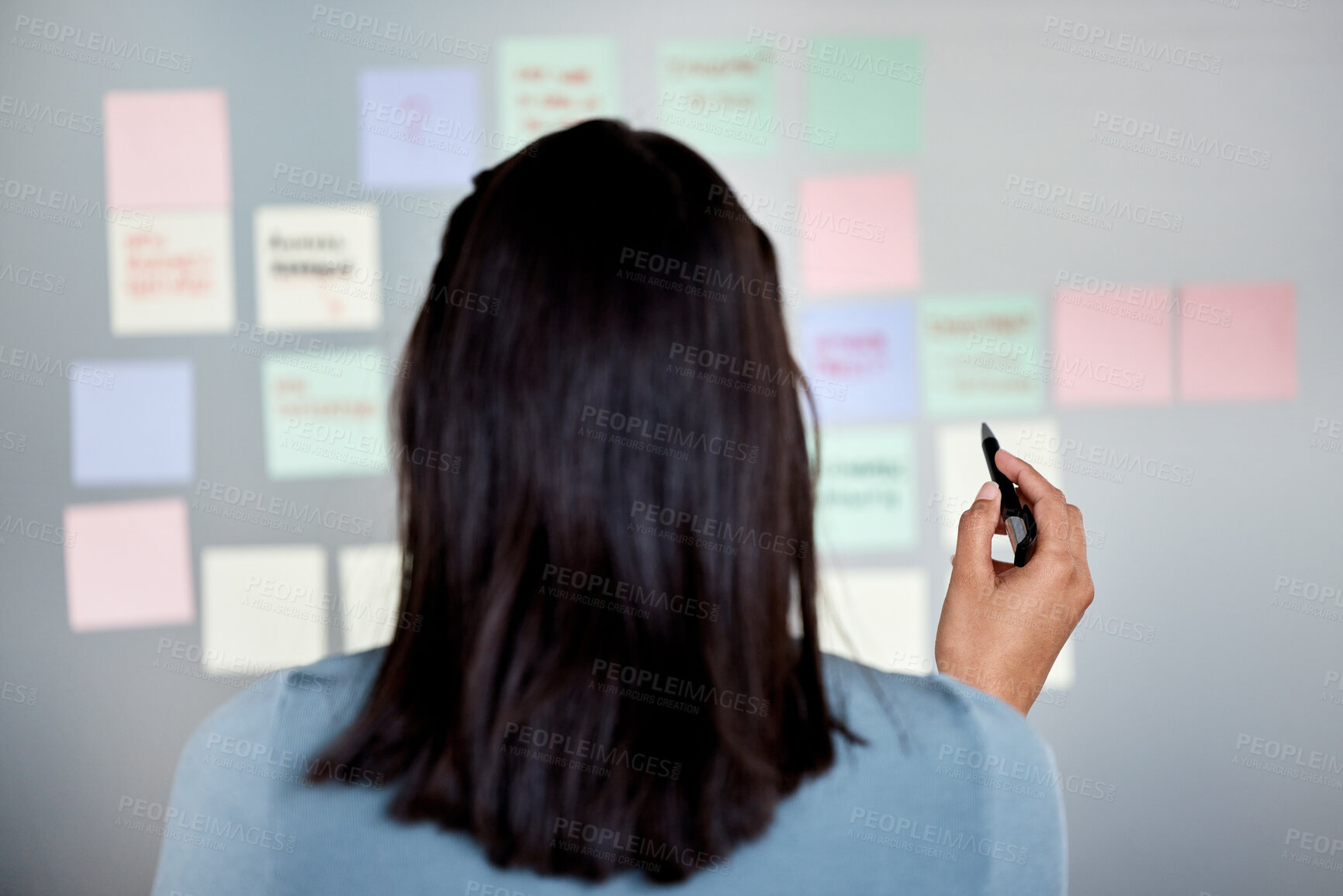 Buy stock photo Planning, notes and back of business woman in office for brainstorming ideas, schedule and project. Startup company, agency and worker writing on board for research, task agenda and work process