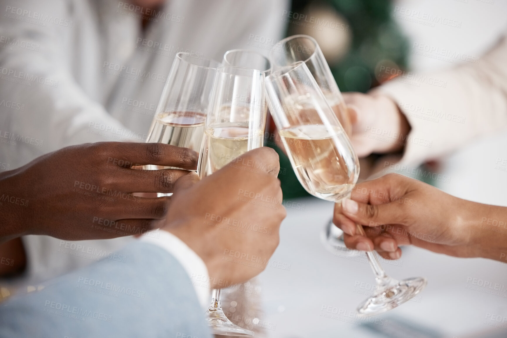 Buy stock photo Hands, champagne and success for toast at office with congratulations, achievement and winner in closeup. People, cheers and drinks with goals, team building and celebration at party at Christmas