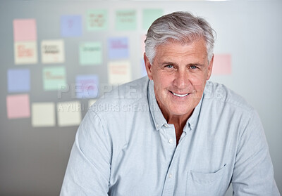 Buy stock photo Portrait of a businessman with sticky notes up on a board behind him