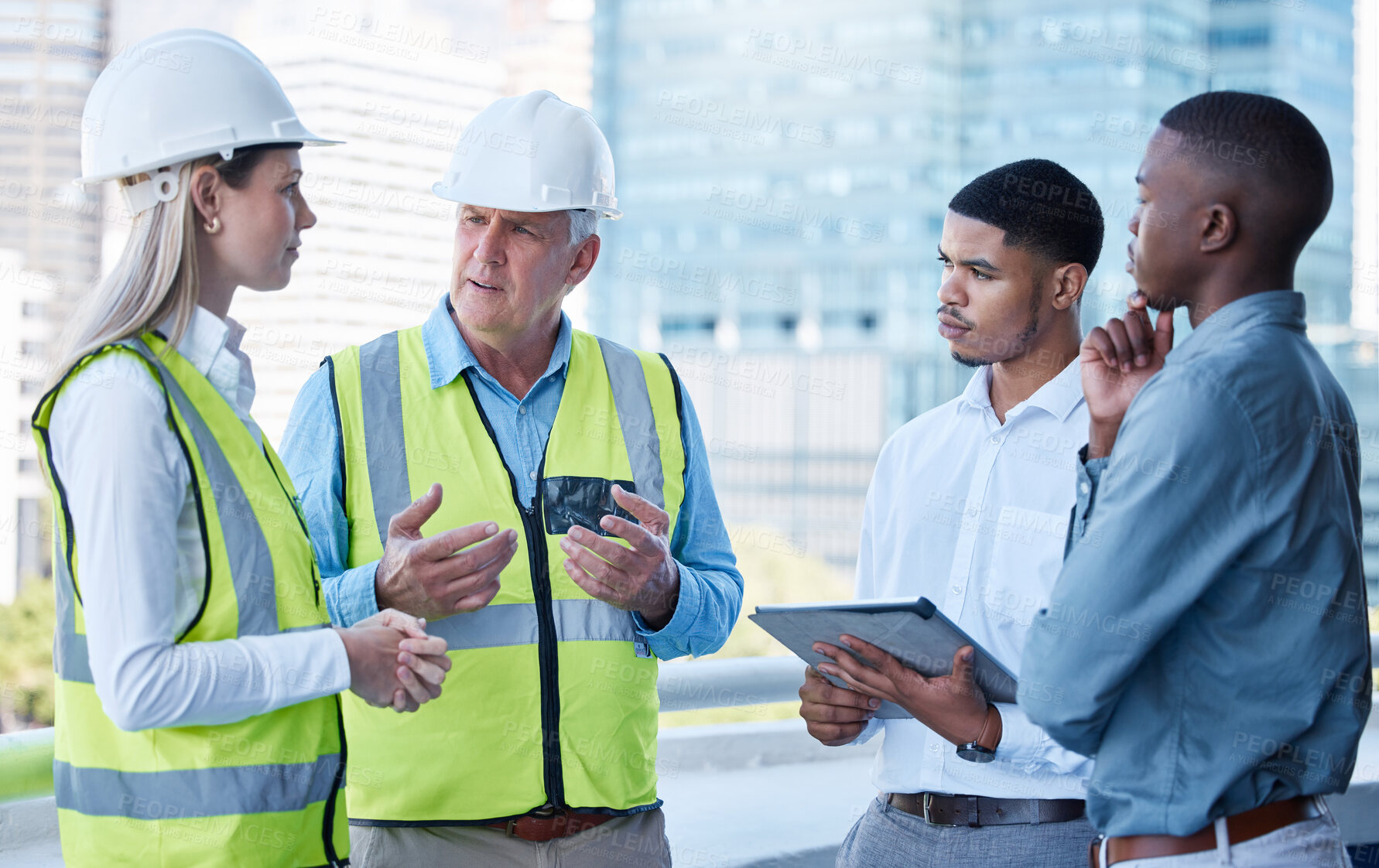 Buy stock photo Planning, woman and men in discussion for architecture, meeting and digital app at construction site. Project, collaboration and engineering team with tablet for urban development, building or advice