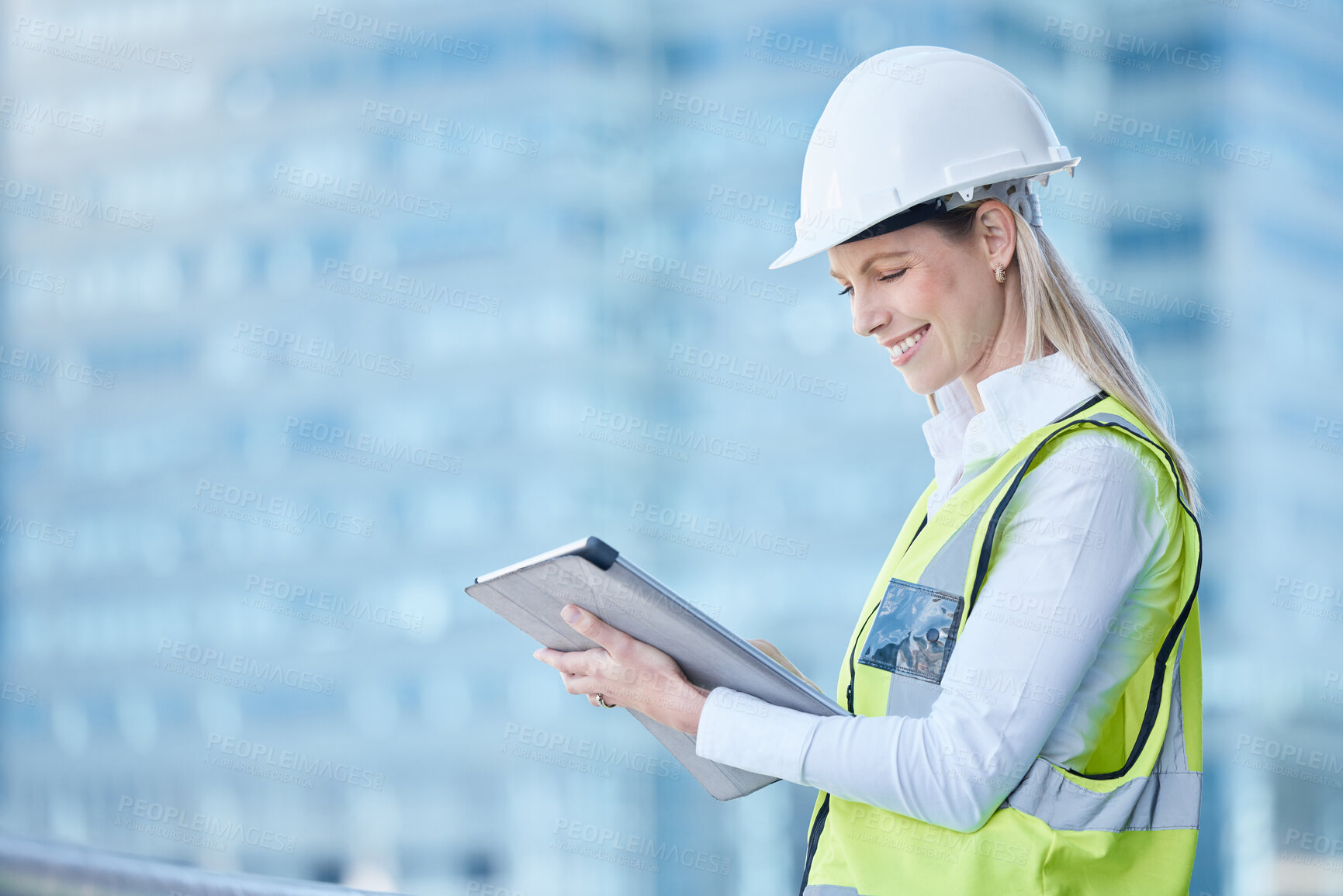 Buy stock photo Construction, planning and woman on tablet in city for inspection, building and maintenance. Civil engineering, architecture and person on digital tech for project, infrastructure and property