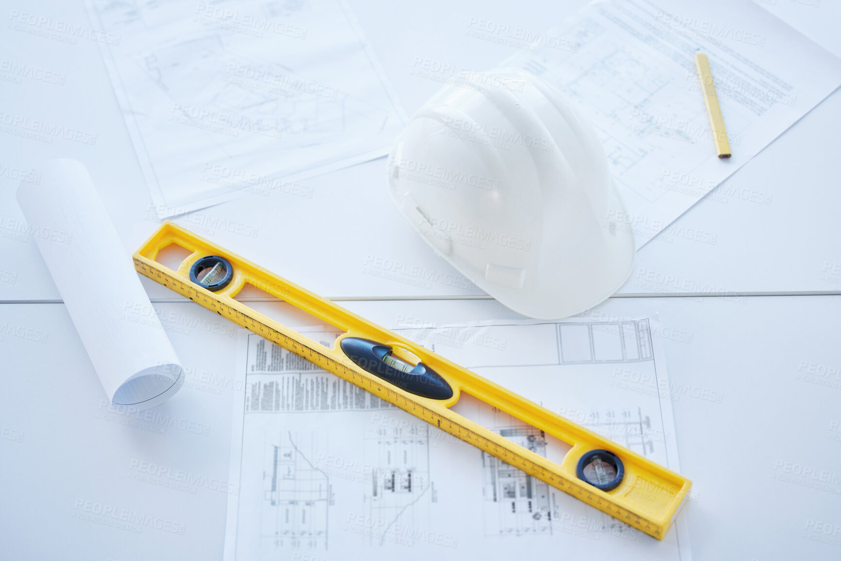 Buy stock photo Architecture, level and above of desk with blueprint, floorplan and design for building. Civil engineering, background and equipment for urban planning, property development and construction project