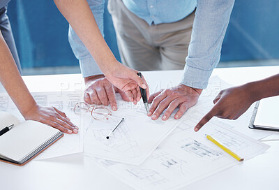 Buy stock photo Planning, architecture and hands of people with blueprint, collaboration and strategy for construction. Building, meeting and civil engineering team in workshop with paperwork for project management