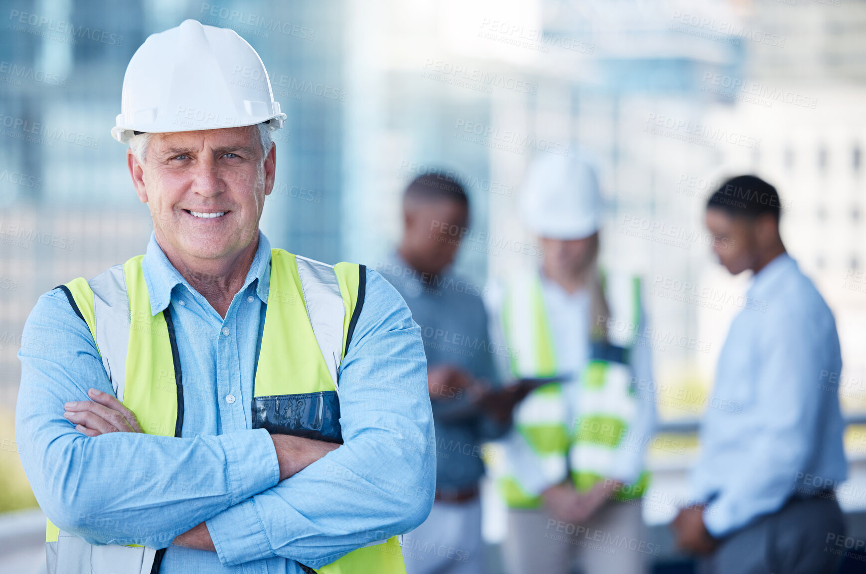 Buy stock photo Portrait, arms crossed and a senior man construction worker outdoor on a building site with his team in the background. Management, leadership and confidence with a mature male architect outside