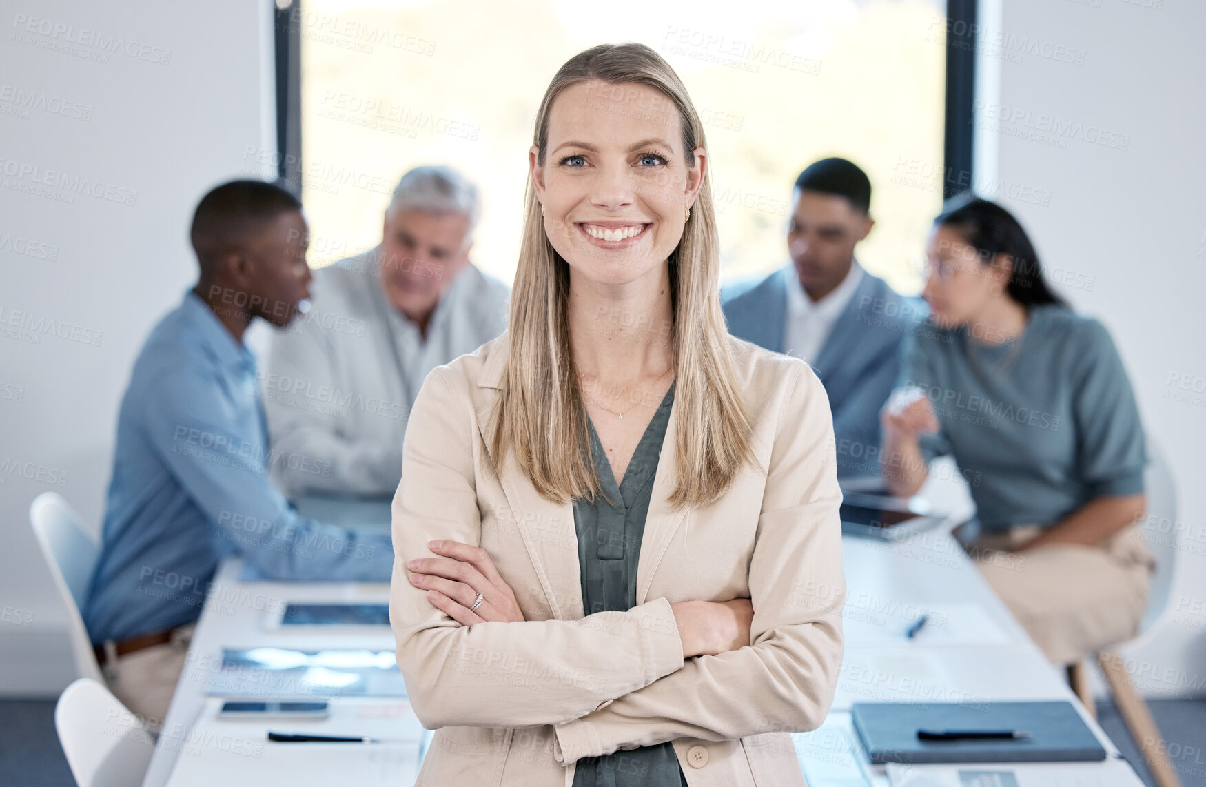 Buy stock photo Meeting, office and portrait of woman with confidence, professional pride and leadership in HR. Arms crossed, trust and reliable project manager, consultant or happy businesswoman in conference room 