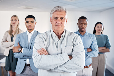 Buy stock photo Portrait of a confident mature businessman standing with his arms crossed in an office with his colleagues behind him