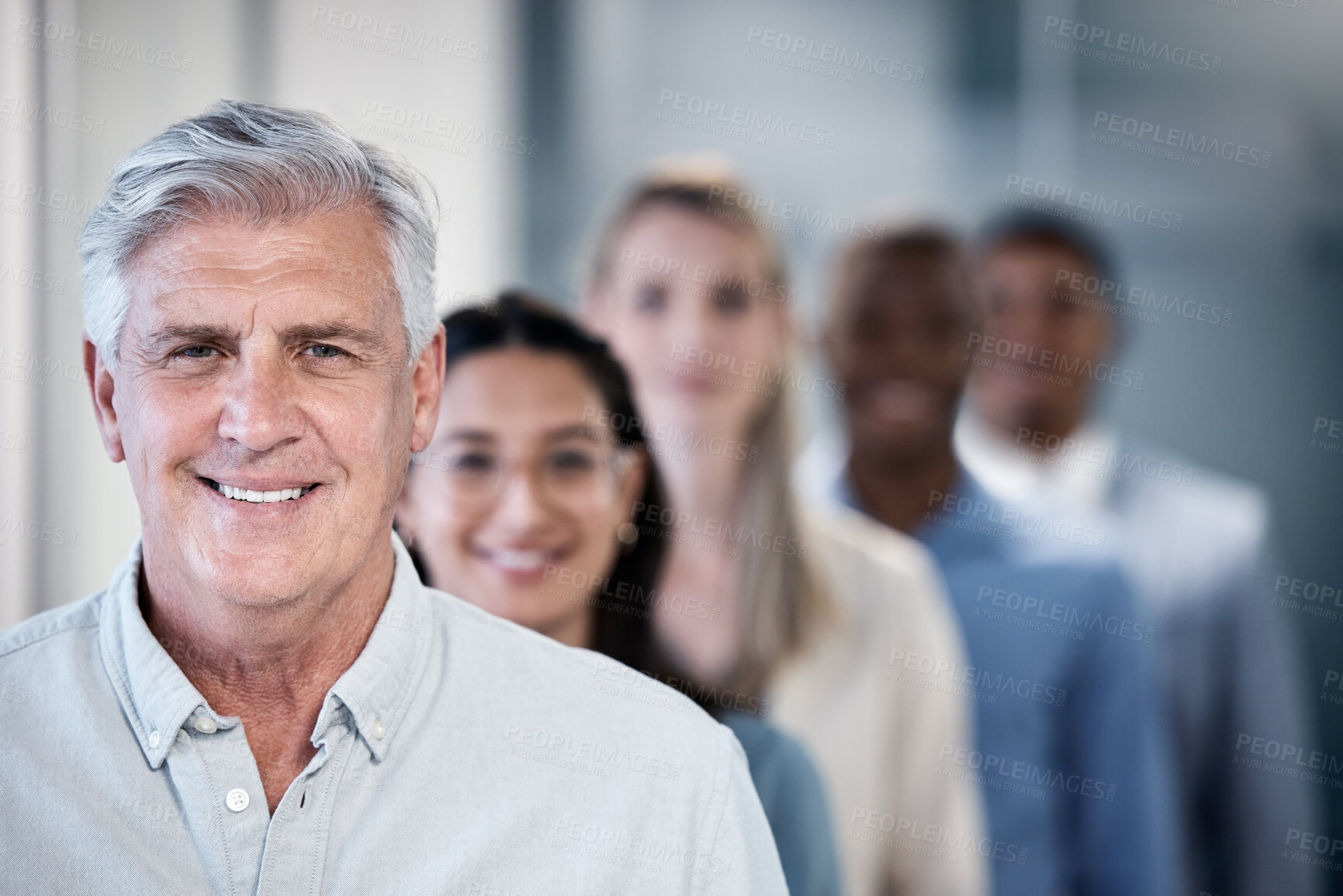 Buy stock photo Mature man, portrait and queue for interview, recruitment or smile for job opportunity in hallway. Person, group and line for offer, onboarding and hiring by people, happy or career in modern office