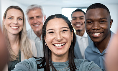 Buy stock photo Portrait of a group of businesspeople taking selfies together