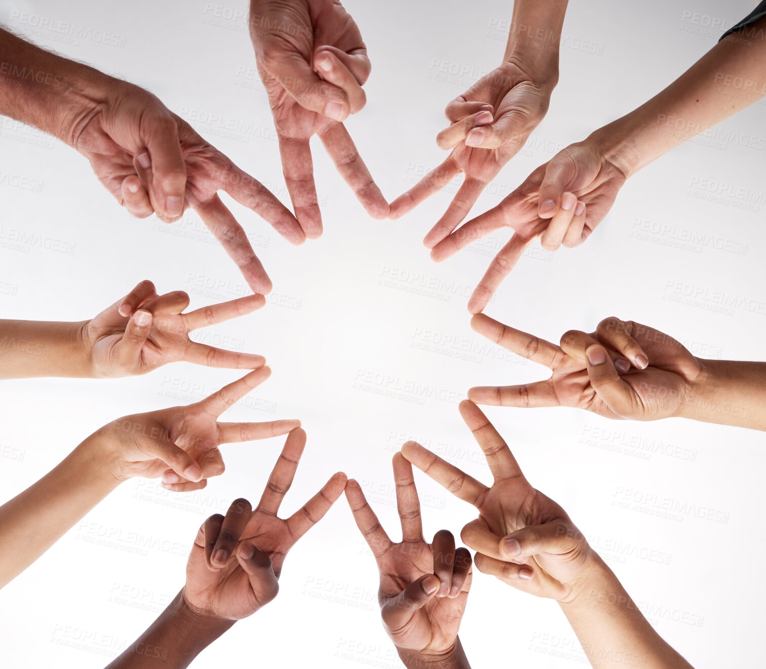 Buy stock photo Star, office and hands of business people for teamwork, collaboration and solidarity in workplace. Company, diversity and low angle of workers with peace sign for support, community and coworking