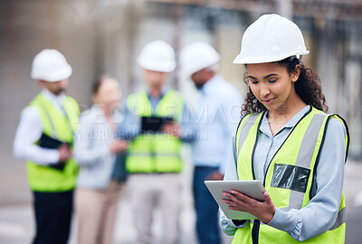 Buy stock photo Business woman, architect and tablet in leadership, project management or inspection for construction on site. Female person, engineer or manager with technology and team for industrial architecture