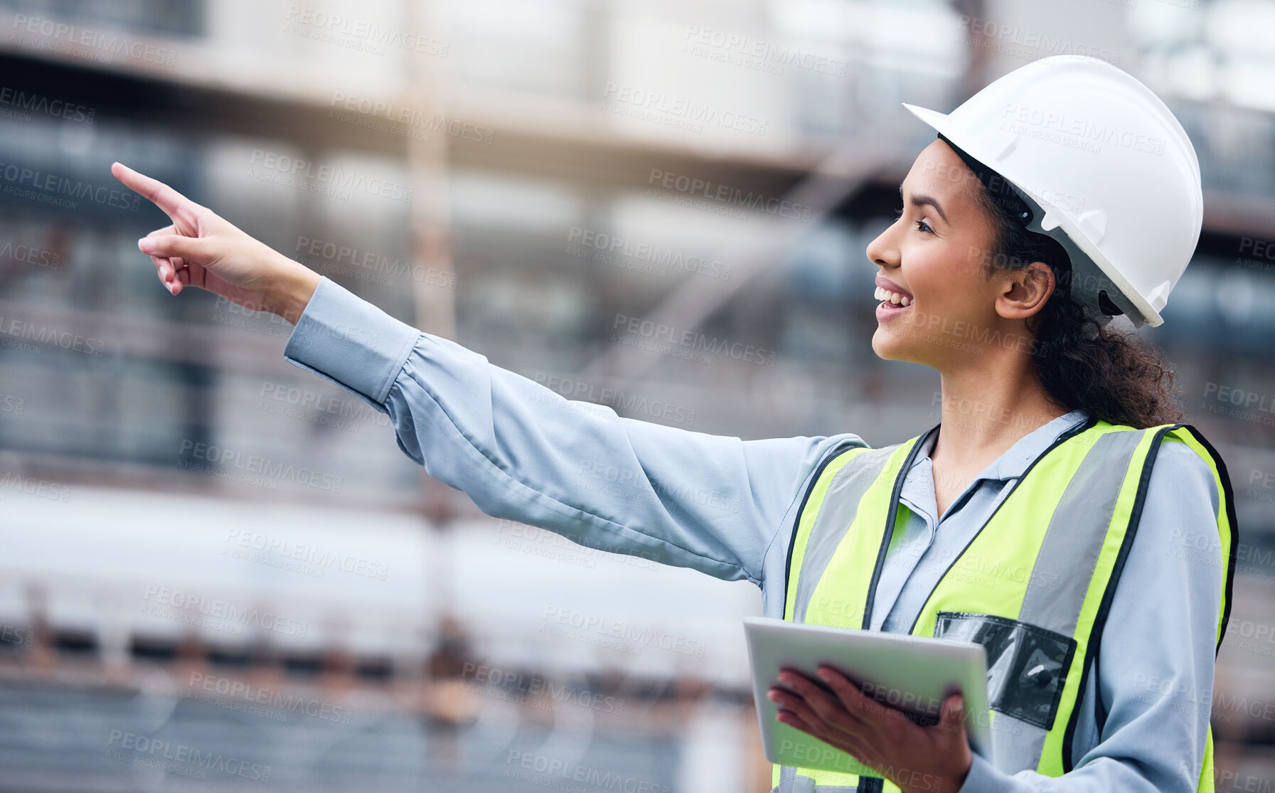 Buy stock photo Female, architect and pointing with tablet on construction site, building development and engineering with online plan. Contractor, happy employee and communication, helmet and safety inspection