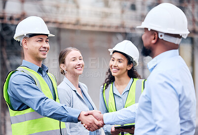 Buy stock photo Business people, architect and handshake in meeting for construction, partnership or teamwork on site. Happy employee workers shaking hands for team building, architecture or b2b agreement in city