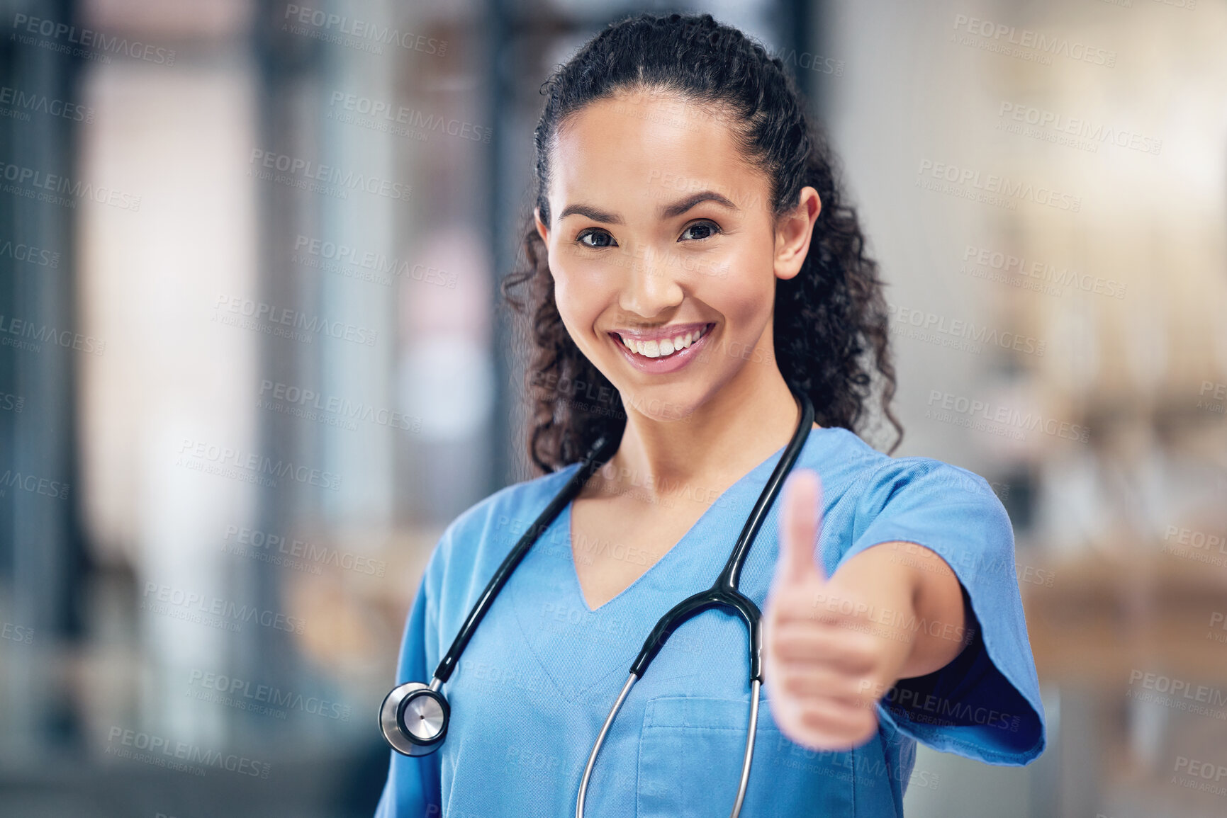 Buy stock photo Happy woman, doctor and portrait with thumbs up for healthcare, winning or success at the hospital. Female person or medical professional with thumb emoji, yes sign or like for goals at the clinic