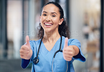 Buy stock photo Happy woman, doctor and portrait smile with thumbs up for healthcare, winning or success at the hospital. Female person or medical professional with thumb emoji, yes sign or like for goals at clinic
