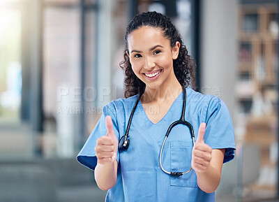 Buy stock photo Happy woman, doctor and portrait with thumbs up for winning, success or good job in healthcare at hospital. Female person or medical professional with thumb emoji, yes sign or like for goal at clinic