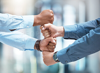 Buy stock photo Employees, fist bump and stack for team building at meeting in office, support and partners for agreement. Business people, together and pile for integration goal, solidarity and motivation for unity