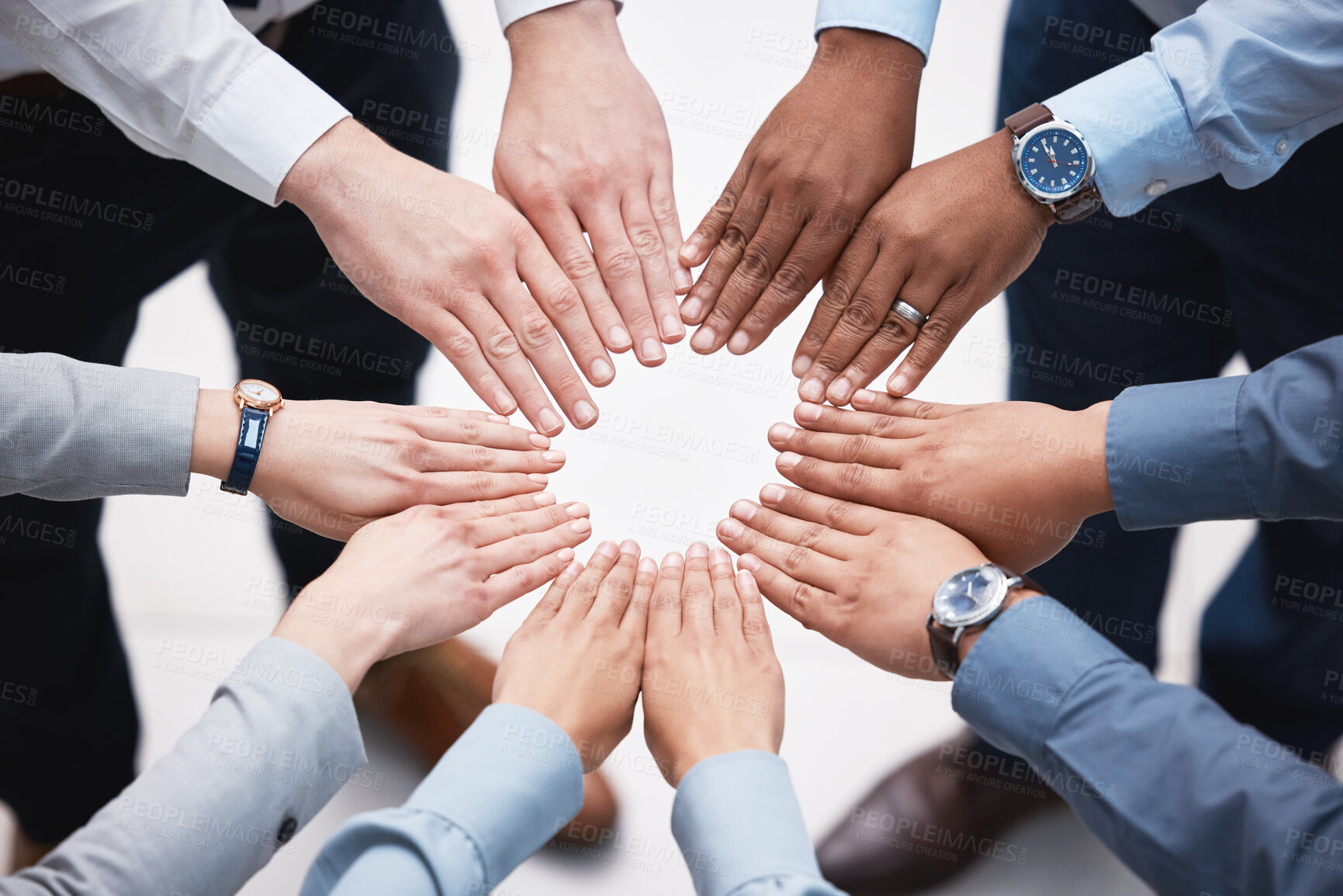 Buy stock photo Employees, hands and team building at meeting in circle, support and partnership for agreement. Business people, together and deal for integration goals, solidarity and motivation for collaboration