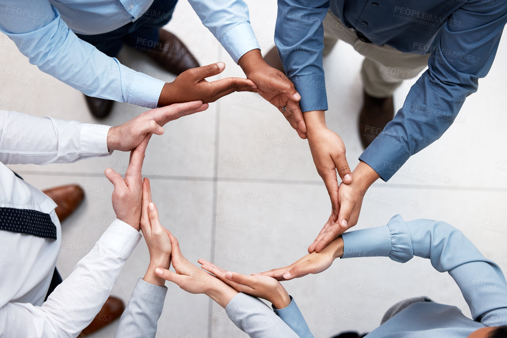 Buy stock photo Employees, hands and synergy at meeting in circle, joint and partnership for agreement. Business people, together and team building for integration goals, solidarity and motivation in top view office