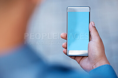 Buy stock photo Hands, screen and person with smartphone for chat, networking and contact client in city by email. Mobile, closeup and man in urban street for communication, social media and online meeting outdoor