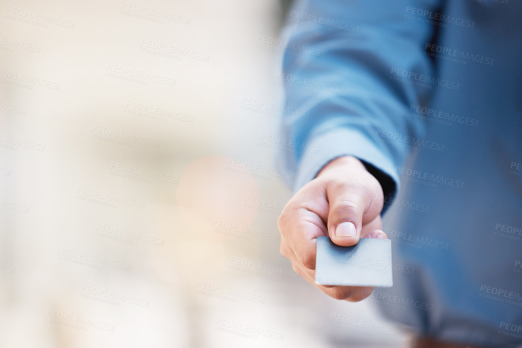 Buy stock photo Businessman, closeup hand and credit card for payment with mockup, purchase and saving in city. Employee, zoom and plastic money in urban town for financial transaction, budget and advertising space
