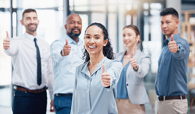 Buy stock photo Smile, group of business people in portrait with thumbs up and pride at human resources company. Teamwork, commitment and vision for happy hr team with woman boss in coworking start up with agreement