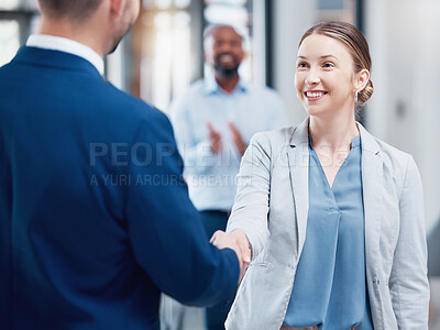 Buy stock photo Thank you, coworkers shaking hands and at office of their work together. Partnership or support, crm or agreement and cheerful colleagues with a handshake for greeting at their modern workplace