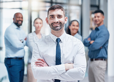 Buy stock photo Smile, business people in portrait with team leader and confidence at project management company. Teamwork, commitment and vision, happy team with manager and arms crossed in corporate startup office