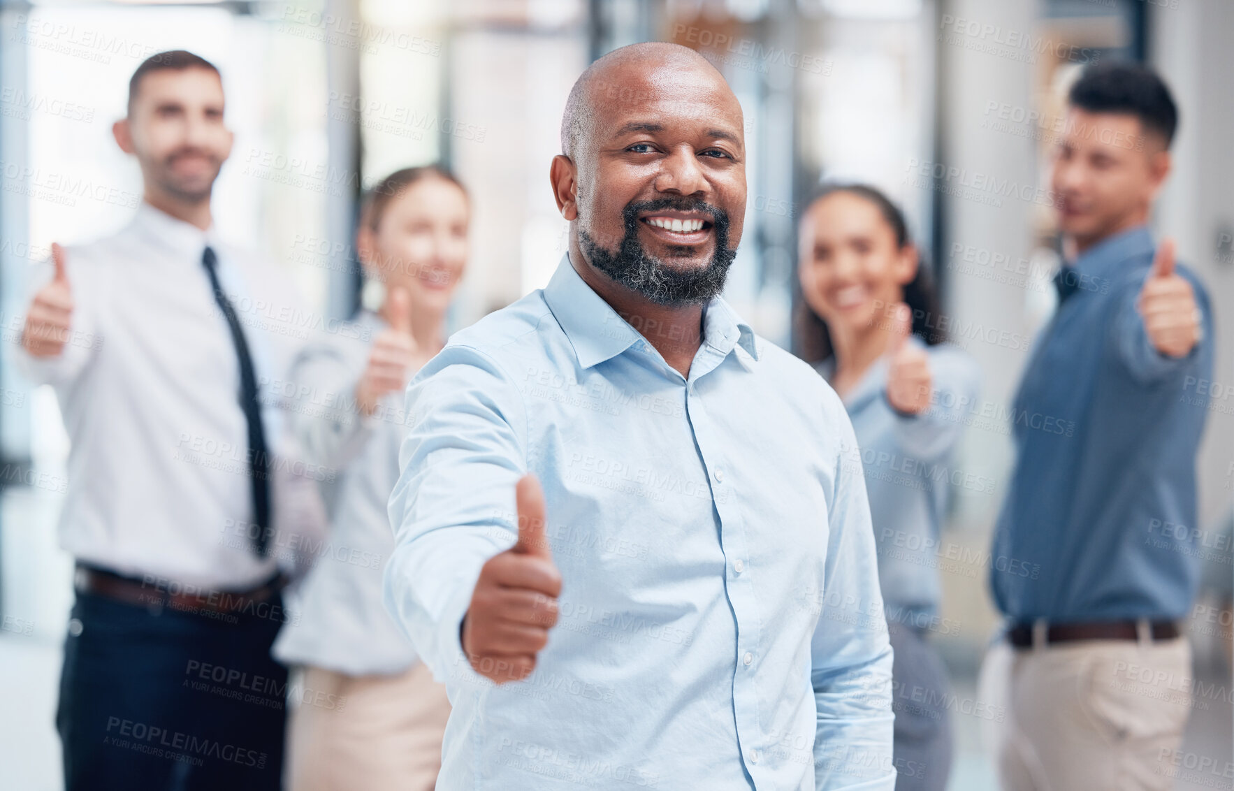 Buy stock photo Thumbs up, business people in portrait with team leader and confidence at project management company. Teamwork, pride and vision, happy team with manager and yes hand sign at winner startup office.